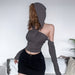 Color-Waste Soil Hooded Long Sleeved T Shirt Women Autumn Sexy Backless Shoulder Sleeve Short Slim Bottoming Short Top-Fancey Boutique