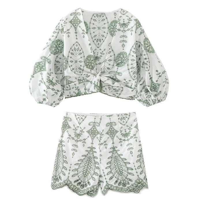 Color-Summer Embroidered Short Women Shirt Top Embroidered Shorts Vacation Suit-Fancey Boutique