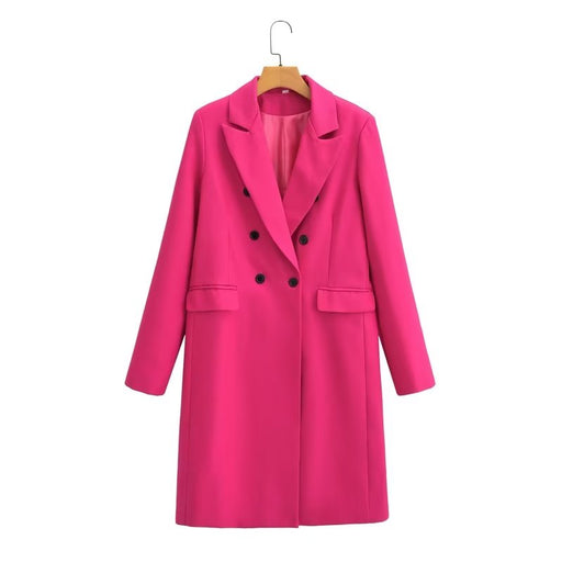 Color-Coral Red-Women Clothing Autumn Winter Double Breasted Solid Color Collared Long Sleeve Overcoat Coat-Fancey Boutique