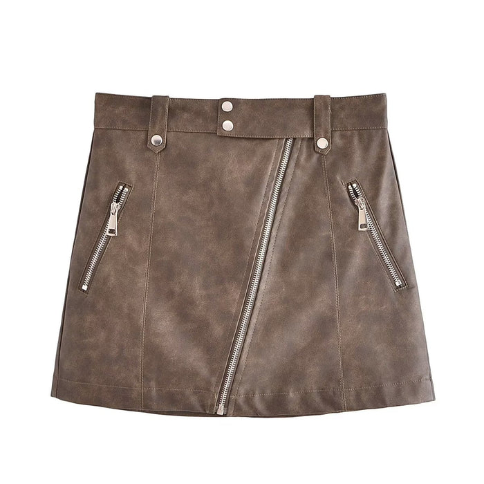 Color-Washed Leather Suit Zipper Skirt Motorcycle Skirt Faux Leather Skirt Set-Fancey Boutique