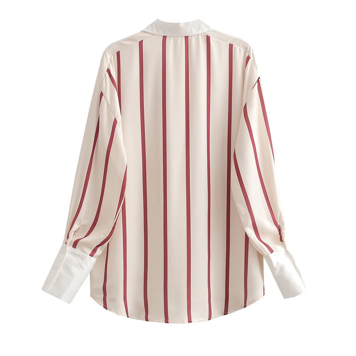 Color-Women Clothing French Loose Lapels Striped Long Sleeve All Match Casual Shirt-Fancey Boutique