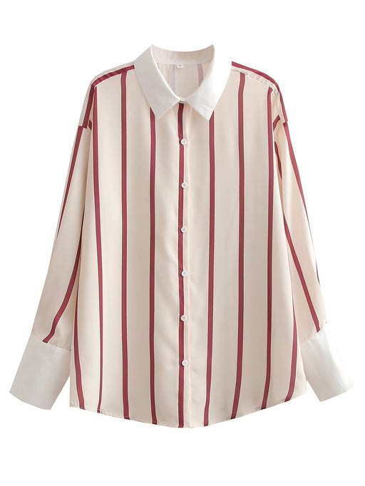 Color-Stripe-Women Clothing French Loose Lapels Striped Long Sleeve All Match Casual Shirt-Fancey Boutique