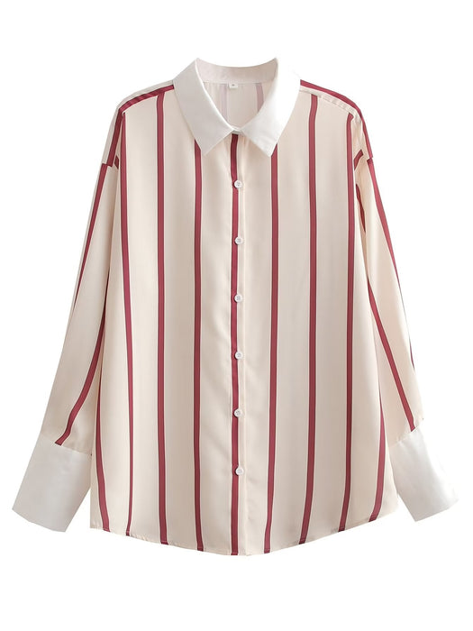 Color-Stripe-Women Clothing French Loose Lapels Striped Long Sleeve All Match Casual Shirt-Fancey Boutique