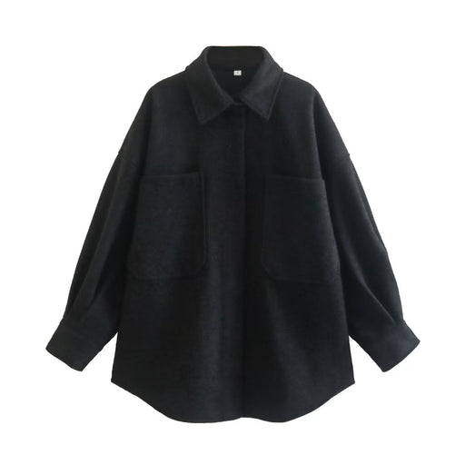 Color-Black-Women Clothing Spring Casual Polo Collar Solid Color Simple Jacket Big Pockets-Fancey Boutique