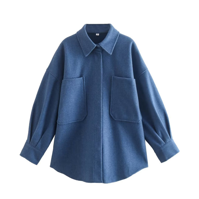 Color-Blue-Women Clothing Spring Casual Polo Collar Solid Color Simple Jacket Big Pockets-Fancey Boutique