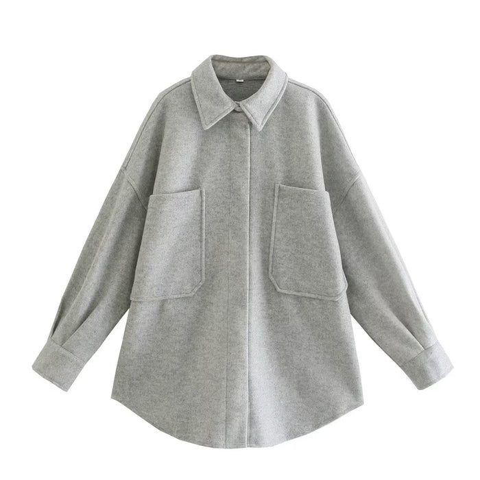 Color-Gray-Women Clothing Spring Casual Polo Collar Solid Color Simple Jacket Big Pockets-Fancey Boutique