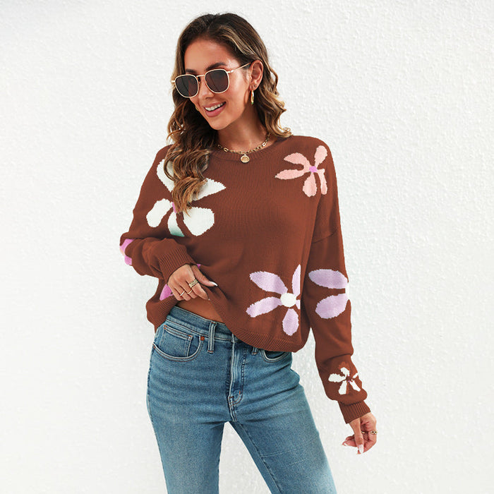 Color-Women Jacquard Contrast Color Floral Sweater O neck Short All Match Casual Pullover Sweater-Fancey Boutique