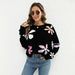 Color-Women Jacquard Contrast Color Floral Sweater O neck Short All Match Casual Pullover Sweater-Fancey Boutique