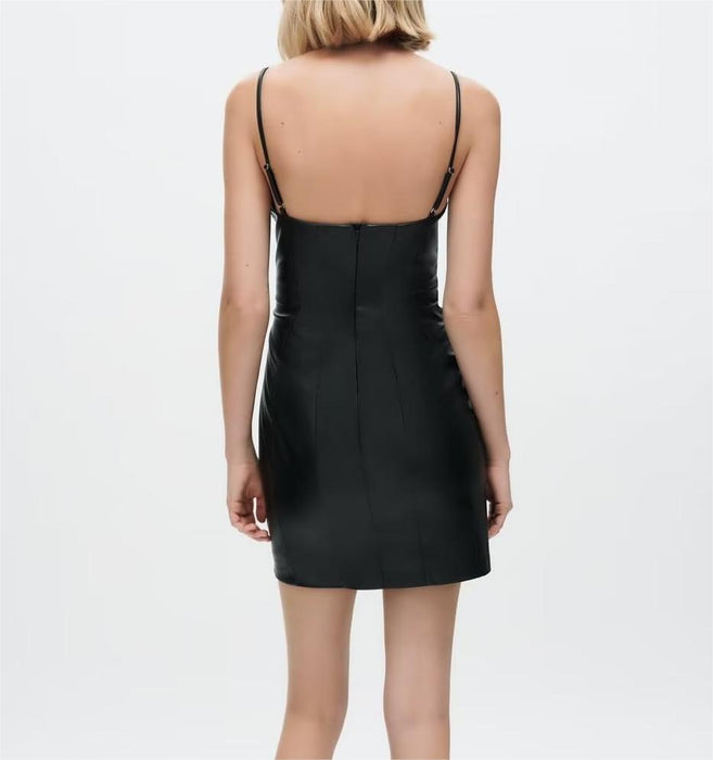 Color-Women Black Faux Leather Cami Dress-Fancey Boutique