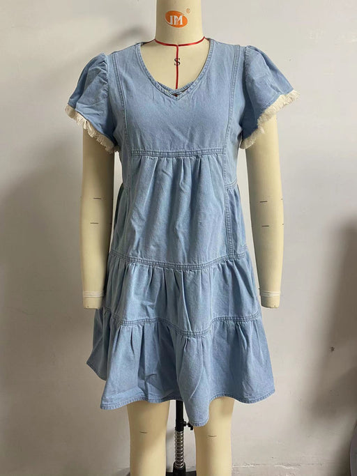 Color-Blue-Denim Dress Spring Summer Office Loose Denim Short Sleeve-Fancey Boutique