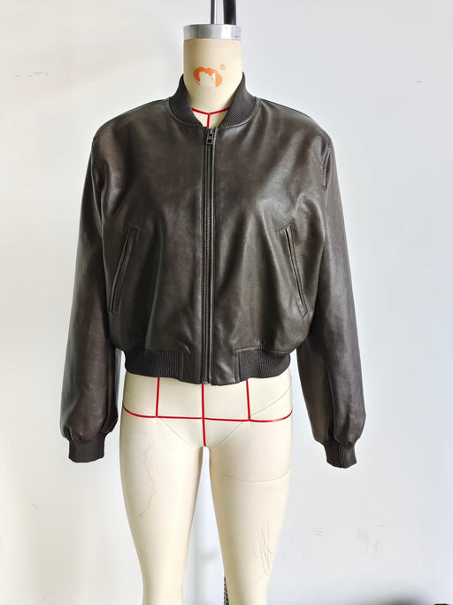 Color-Fall Women Clothing Faux Leather Bomber Jacket Coat-Fancey Boutique