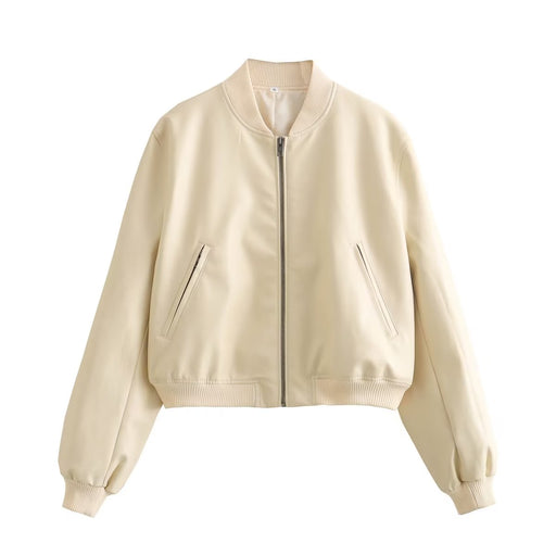 Color-Ivory-Fall Women Clothing Faux Leather Bomber Jacket Coat-Fancey Boutique