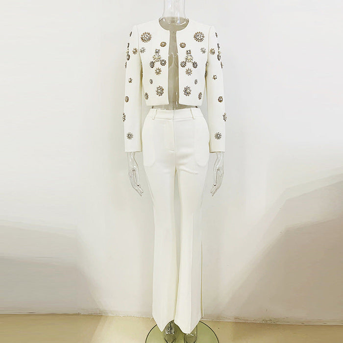Color-White-round Neck Heavy Industry Beads Short Jacket Split Flared Pants Blazer Suit Set-Fancey Boutique