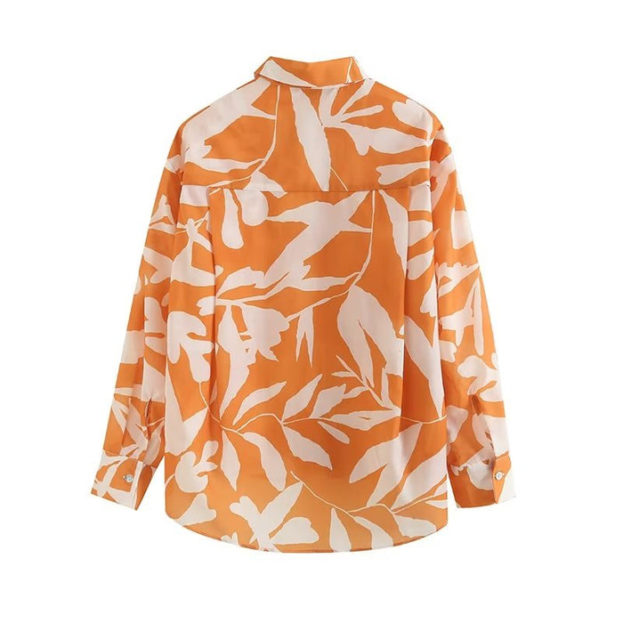 Color-Summer Women All Match Floral Printing Collared Single Breasted Long Sleeve Vacation Light Shirt-Fancey Boutique