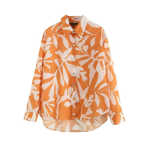 Color-Orange-Summer Women All Match Floral Printing Collared Single Breasted Long Sleeve Vacation Light Shirt-Fancey Boutique