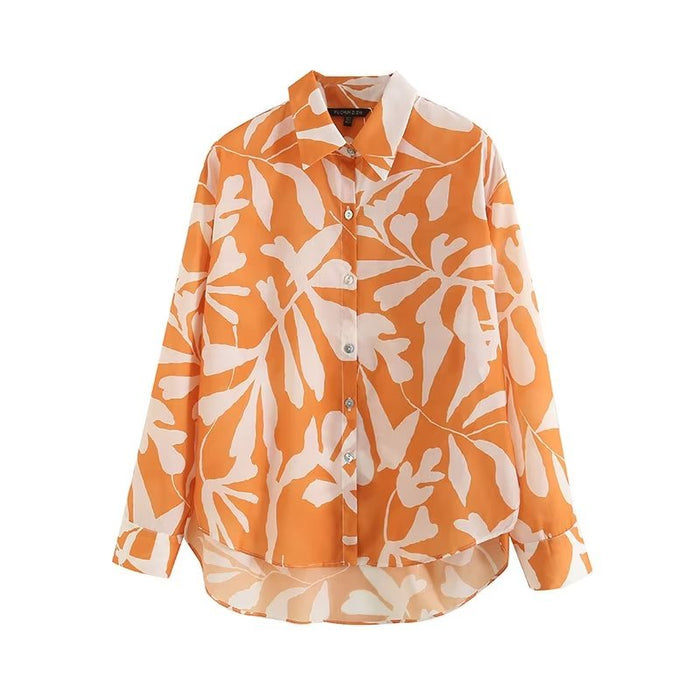 Color-Orange-Summer Women All Match Floral Printing Collared Single Breasted Long Sleeve Vacation Light Shirt-Fancey Boutique