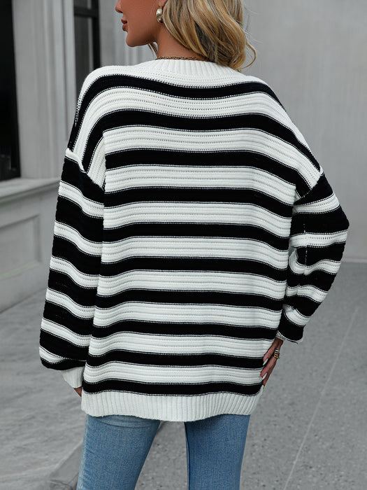 Color-Autumn Winter Striped Sweater Women Knitted Crew Neck Pullover Sweater Women-Fancey Boutique