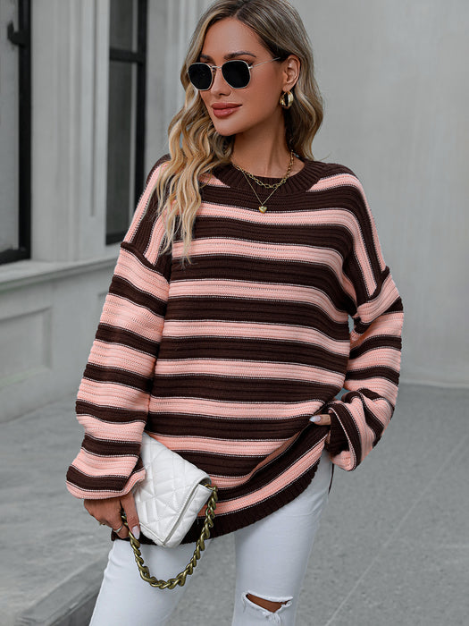 Color-Autumn Winter Striped Sweater Women Knitted Crew Neck Pullover Sweater Women-Fancey Boutique