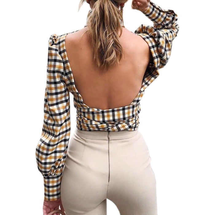 Color-Long Sleeve Sexy Backless Korean Ladies Lattice Top-Fancey Boutique