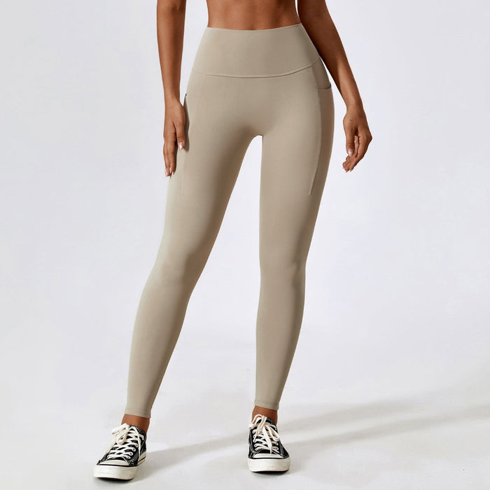 Color-Wear Tight Nude Feel Yoga Pants Pocket Belly Contracting Hip Lifting Fitness High Waist Running Sports Leggings-Fancey Boutique