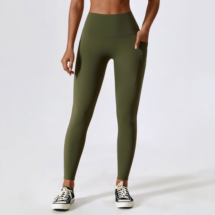 Color-Wear Tight Nude Feel Yoga Pants Pocket Belly Contracting Hip Lifting Fitness High Waist Running Sports Leggings-Fancey Boutique