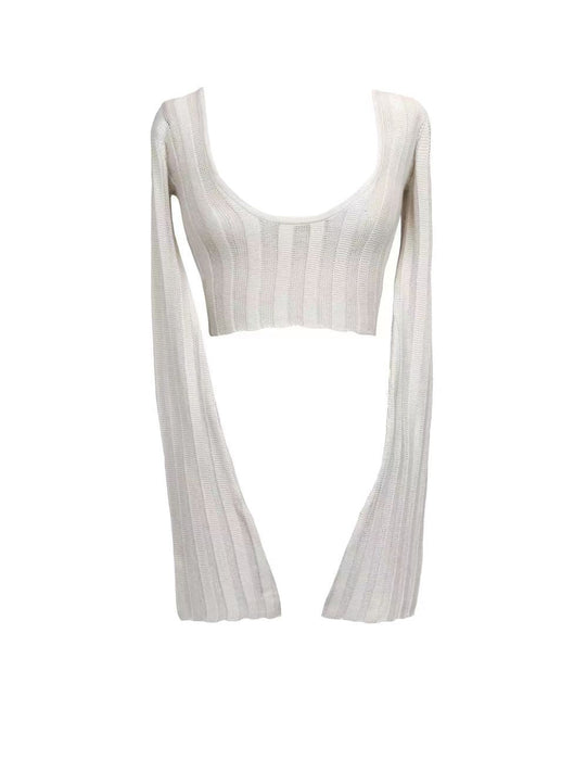 Color-White-Spring Summer Bell Sleeve Low Collar Short Slim Fit Hollow Out Cutout Out Sweater-Fancey Boutique