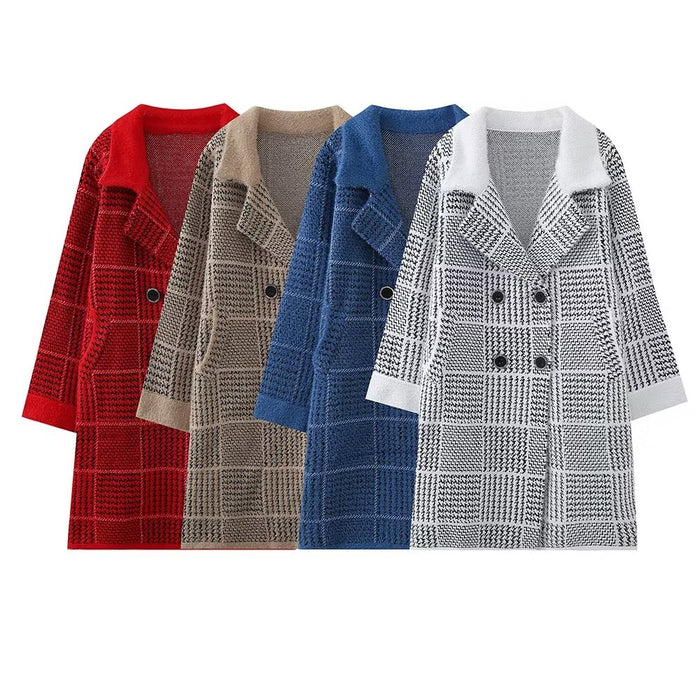 Color-Autumn Winter Korean Loose Square Plaid Thick Mid Length Cardigan Sweater Coat Women Coat-Fancey Boutique