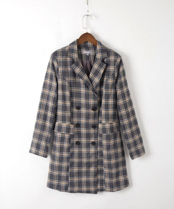 Color-Double Breasted Retro Office Collar Mid Length Plaid Blazers-Fancey Boutique