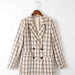 Color-Autumn Winter Double Breasted Plaid Cotton Tweed Slim Collar Office Cut Label Brown Small Blazers-Fancey Boutique