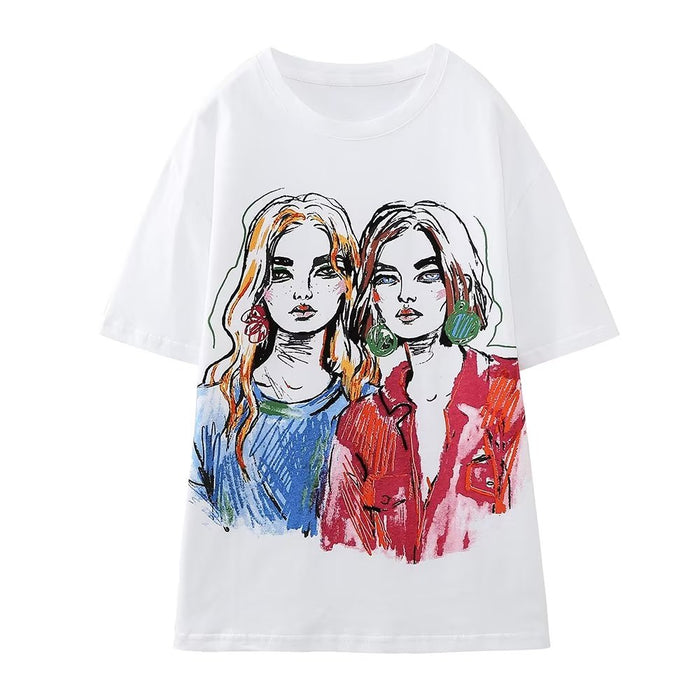 Color-White-Women Clothing Girl Printed round Neck Short Sleeve T shirt Top-Fancey Boutique