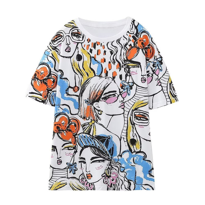Color-White-Early Autumn Women Clothing Office round Neck Short Sleeve Girl Printed T shirt-Fancey Boutique