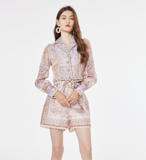 Color-Women Spring and Autumn Printed Stitching Lace Short Top Lace Up Shirt High Waist Shorts with Belt-Fancey Boutique