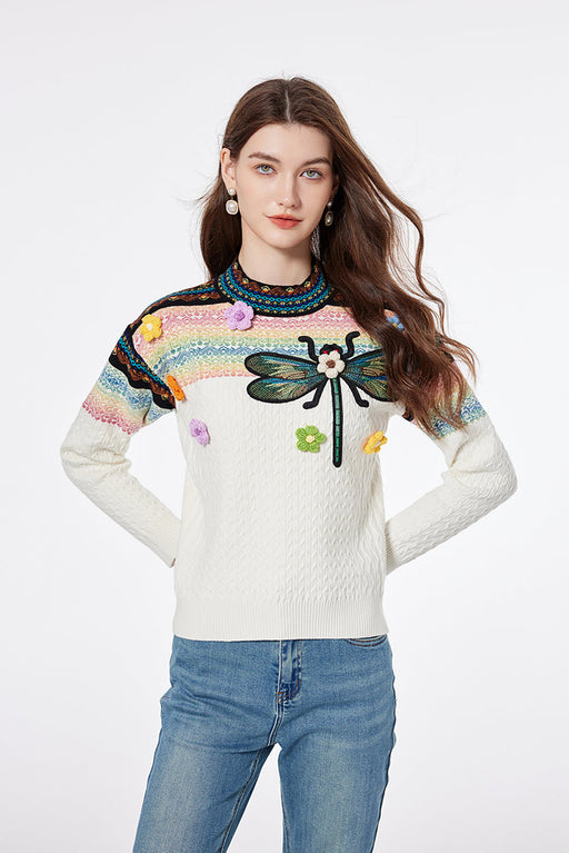 Color-White-Women Spring and Autumn Bee Embroidered Heavy Industry Handmade Flower Crewneck Pullover Sweater Jacquard Knitted Top-Fancey Boutique