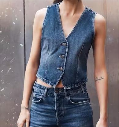 Color-Autumn Winter Denim Vest V neck Single Breasted Short Denim Waistcoat Vest button-Fancey Boutique