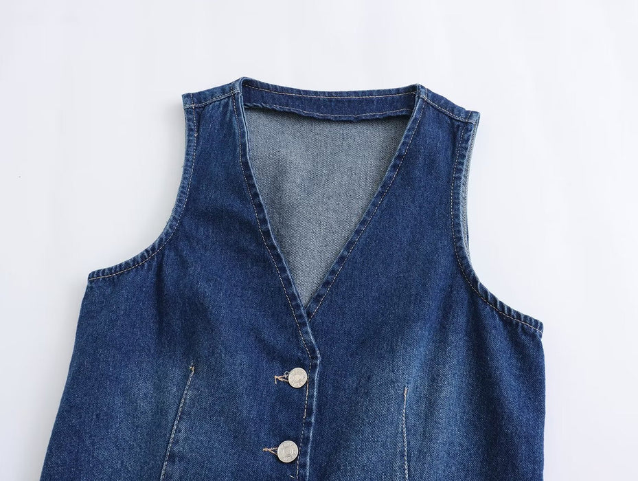 Color-Autumn Winter Denim Vest V neck Single Breasted Short Denim Waistcoat Vest button-Fancey Boutique