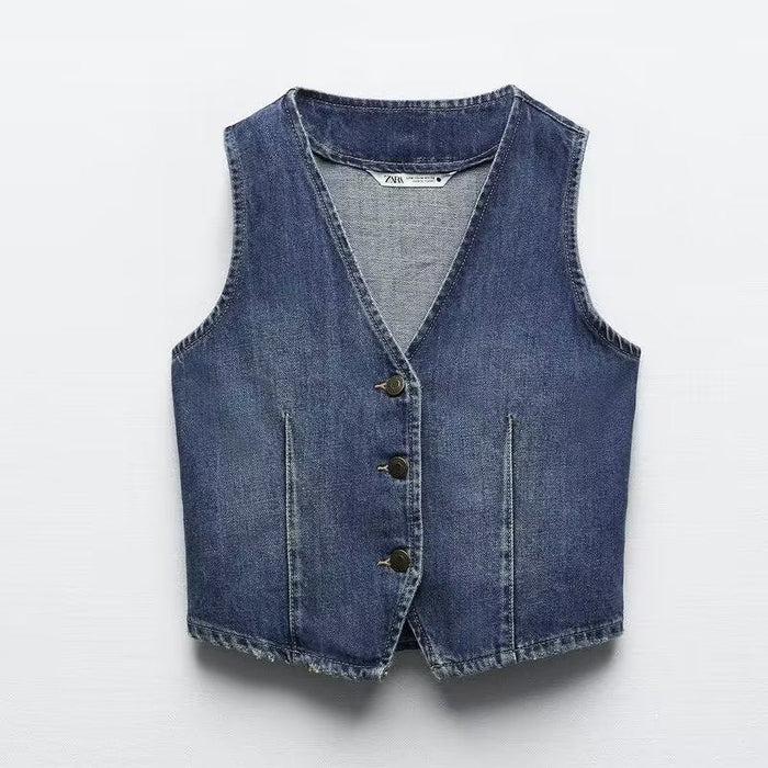 Color-Blue-Autumn Winter Denim Vest V neck Single Breasted Short Denim Waistcoat Vest button-Fancey Boutique