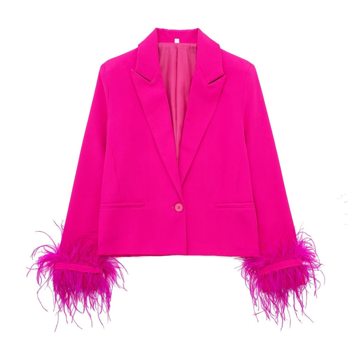 Color-Coral Red-Autumn Women Feather Decoration Straight Blazer-Fancey Boutique