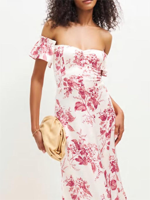 Color-Pastoral off Shoulder Short Sleeve Dress Women Sexy Slim Print Ruffled Maxi Dress-Fancey Boutique