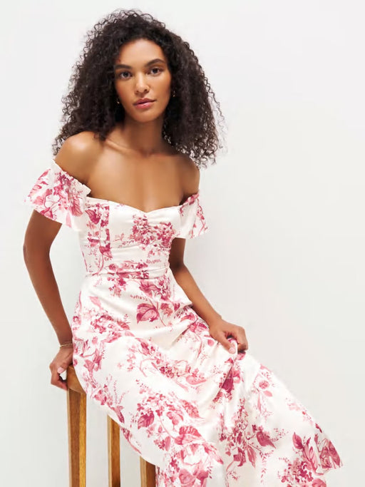 Color-Pastoral off Shoulder Short Sleeve Dress Women Sexy Slim Print Ruffled Maxi Dress-Fancey Boutique