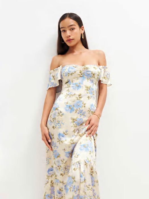 Color-Seaside Vacation Beach Ruffled Printed Dress Women Sexy off Shoulder Short Sleeve Dress-Fancey Boutique