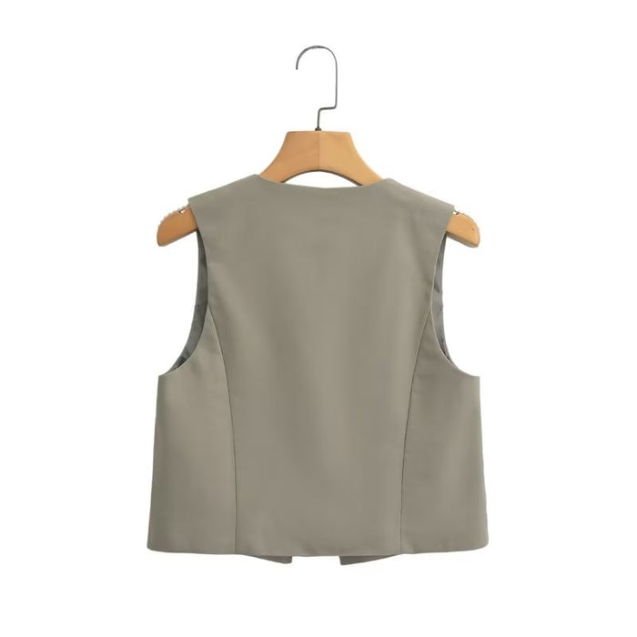 Color-Solid Color Short Slim Fit Vest Beaded Decorative Vest Early Autumn Sleeveless Lace Up Design Cardigan Women-Fancey Boutique