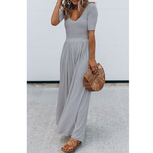 Color-Gray-Women Clothing New round Neck Short Sleeve Long Pattern Jumpsuit-Fancey Boutique