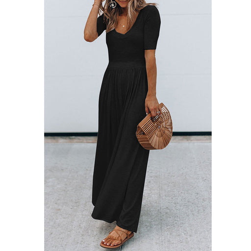 Color-Black-Women Clothing New round Neck Short Sleeve Long Pattern Jumpsuit-Fancey Boutique