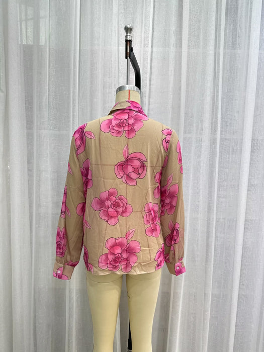 Color-Summer Women French Retro Lapels Long Sleeve Floral Print Shirt-Fancey Boutique