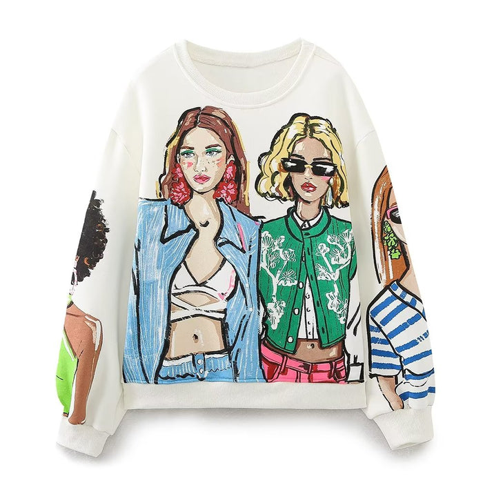 Color-Women Clothing French Girl Printed Crew Neck Sweatshirt-Fancey Boutique
