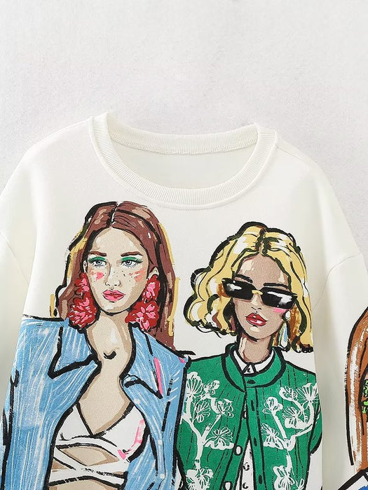 Color-Women Clothing French Girl Printed Crew Neck Sweatshirt-Fancey Boutique