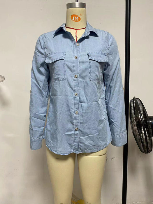 Color-Denim Shirt Autumn Casual Collared Single Breasted Women Long Sleeved Denim-Fancey Boutique