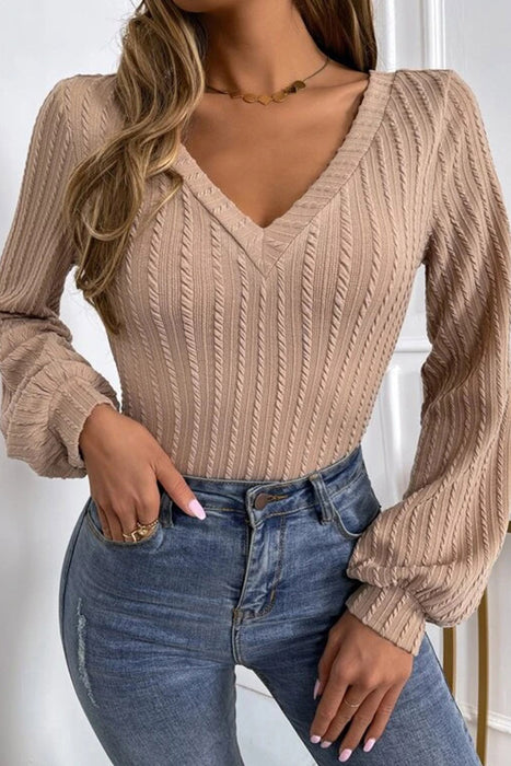 Color-Sexy Long Sleeve Top Women Autumn Tight Low Necked Sexy Lantern Sleeve Sweater-Fancey Boutique