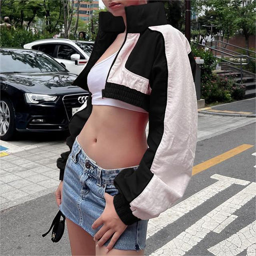 Color-Locomotive Contrast Color Stand Up Collar Short Coat Women Autumn Street Personalized Cardigan Zipper Jacket Short Top-Fancey Boutique