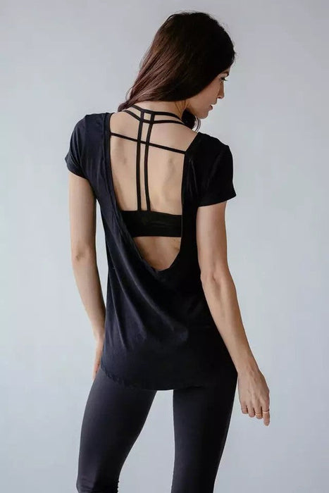 Color-Black-Breathable Yoga Clothes Women Short Sleeved Blouse Backless T Yoga Lightweight Loose Exercise T Shirt Workout Clothes-Fancey Boutique